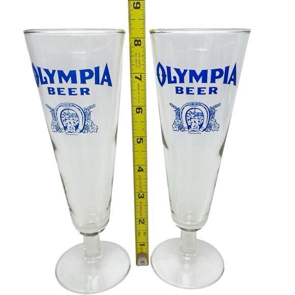 Pilsner Glasses Lot 2 Olympia Clear Beer Blue Letters Good Luck Tumwater 8.25 In - Picture 8 of 9